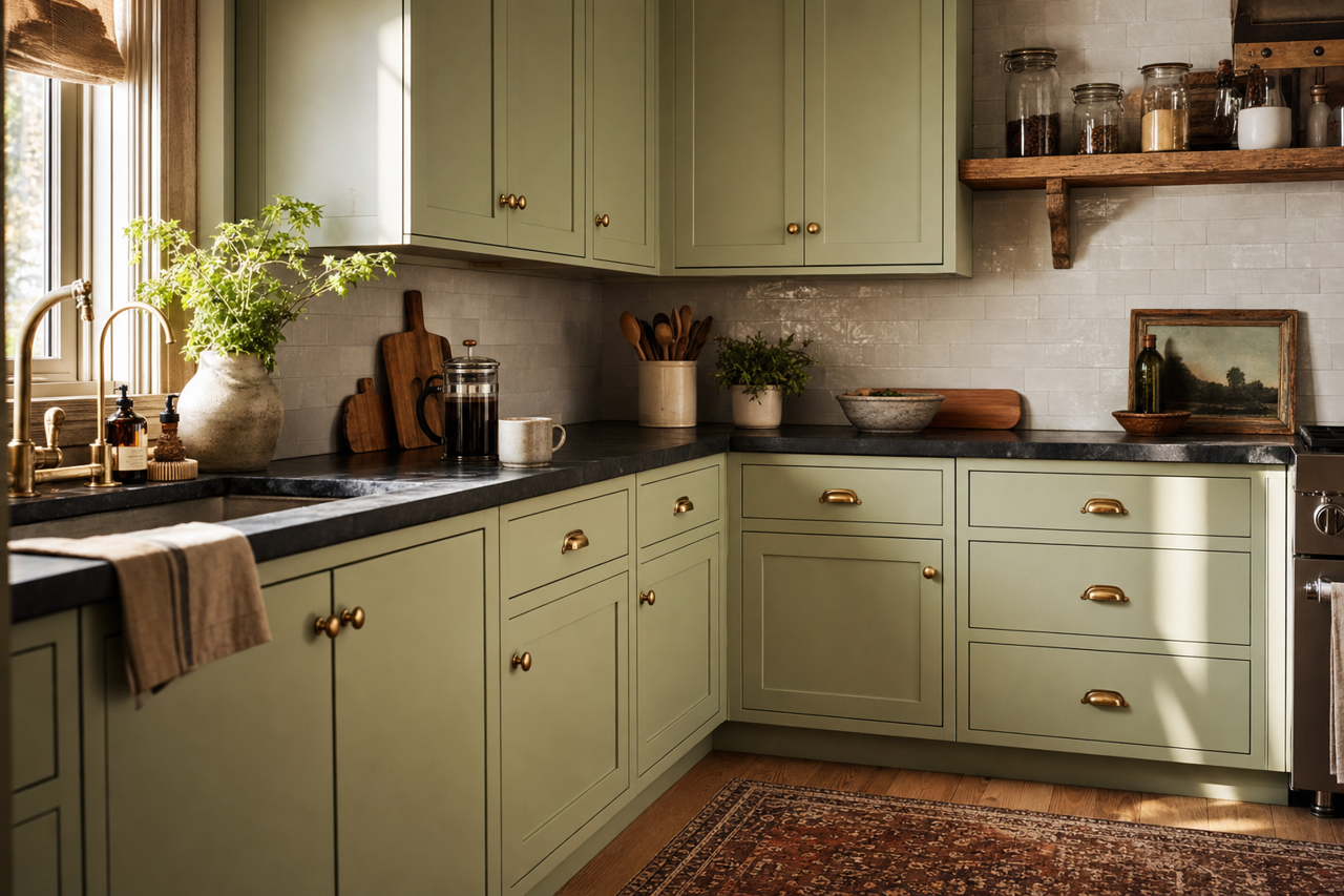 Green Monsoon by Valspar on cabinets