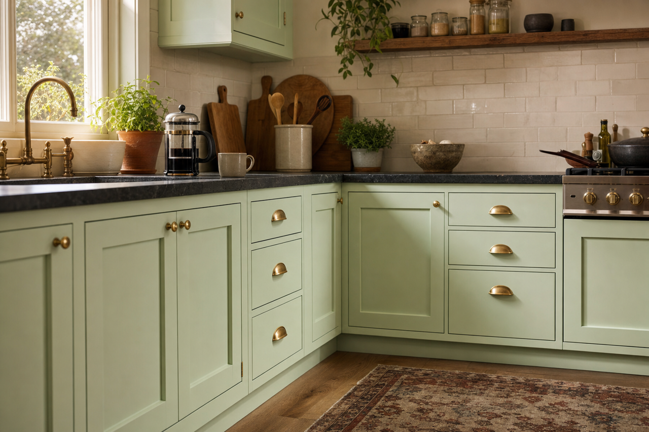 Jaded Lime by Valspar on cabinets