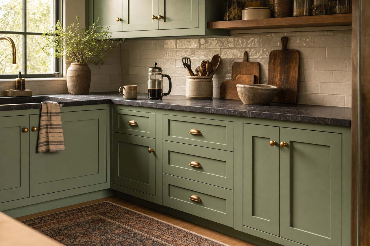 Spring Leaves by Valspar on cabinets