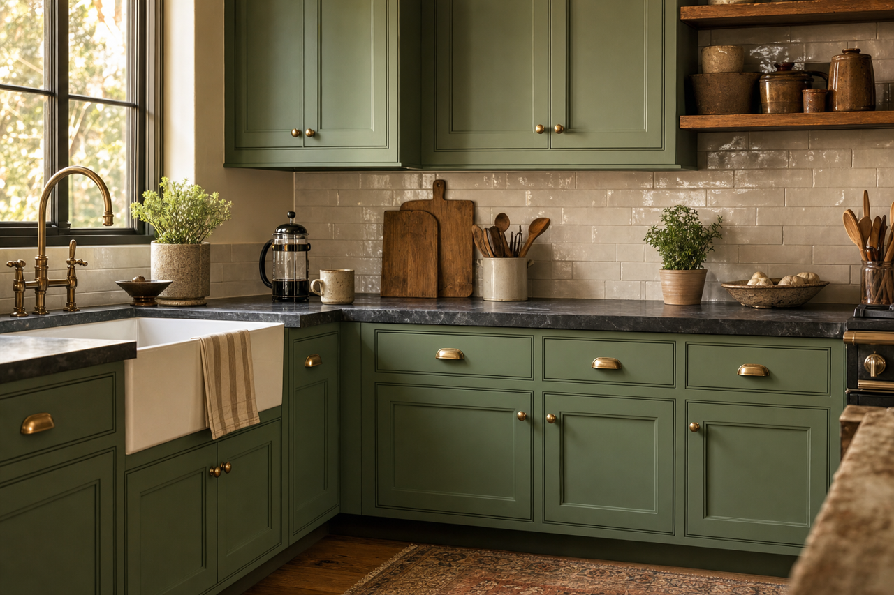 Field Time Green by Valspar on cabinets
