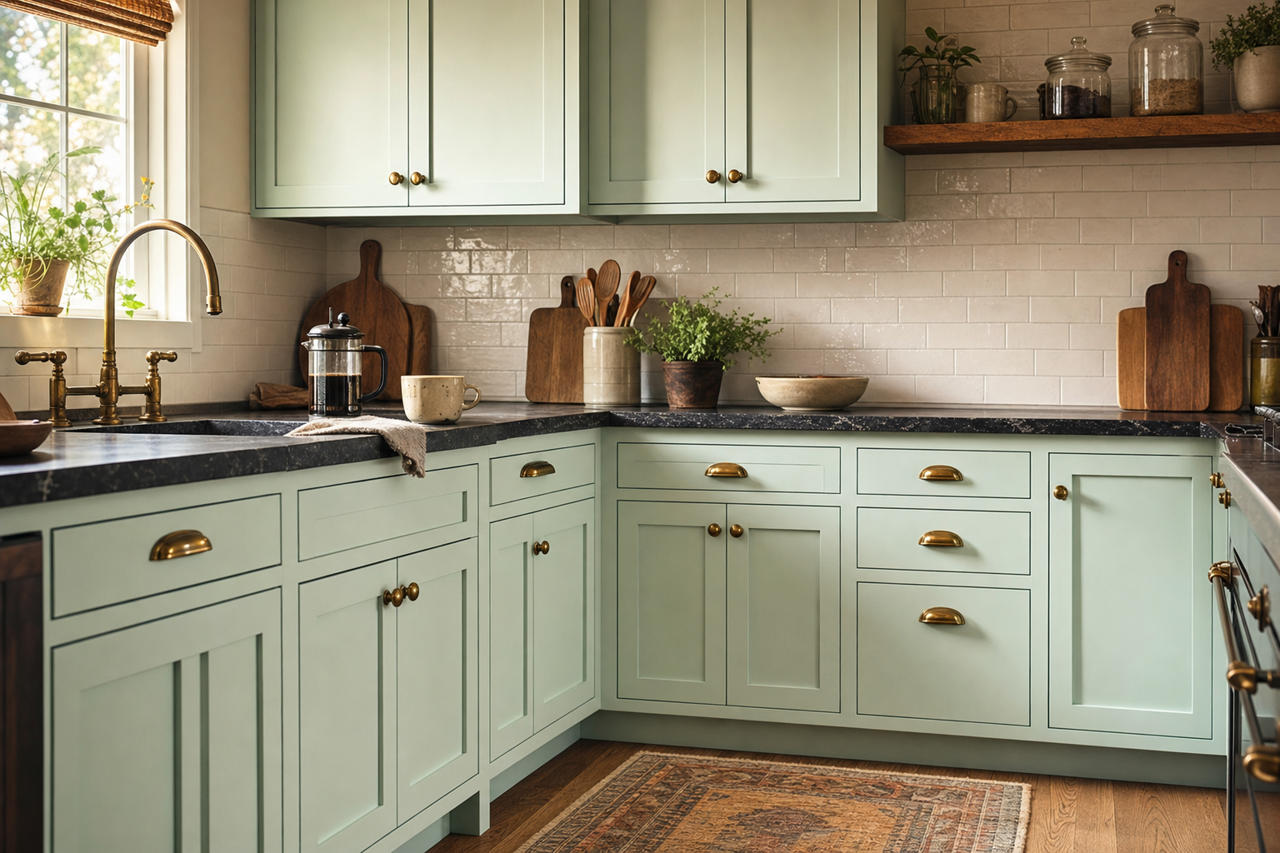 Mint Whisper by Valspar on cabinets