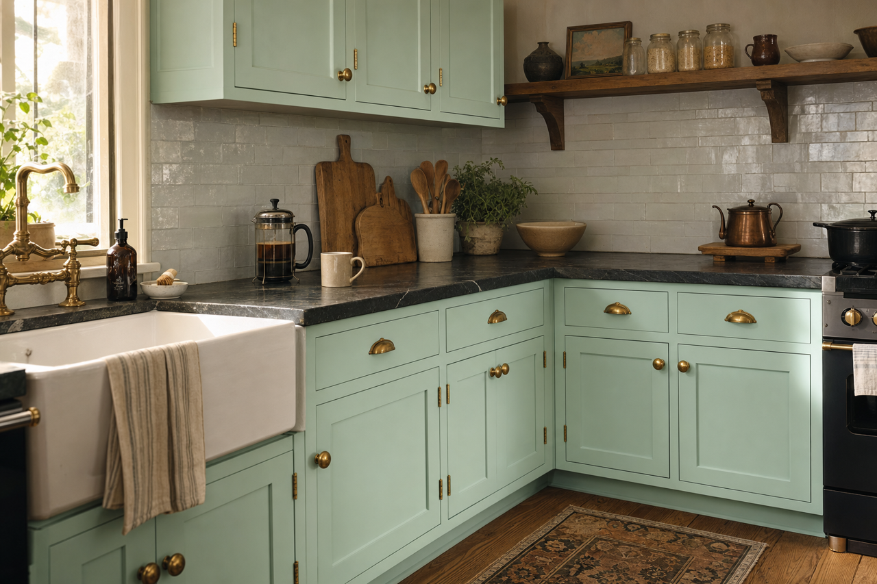 Meadow Mist by Valspar on cabinets
