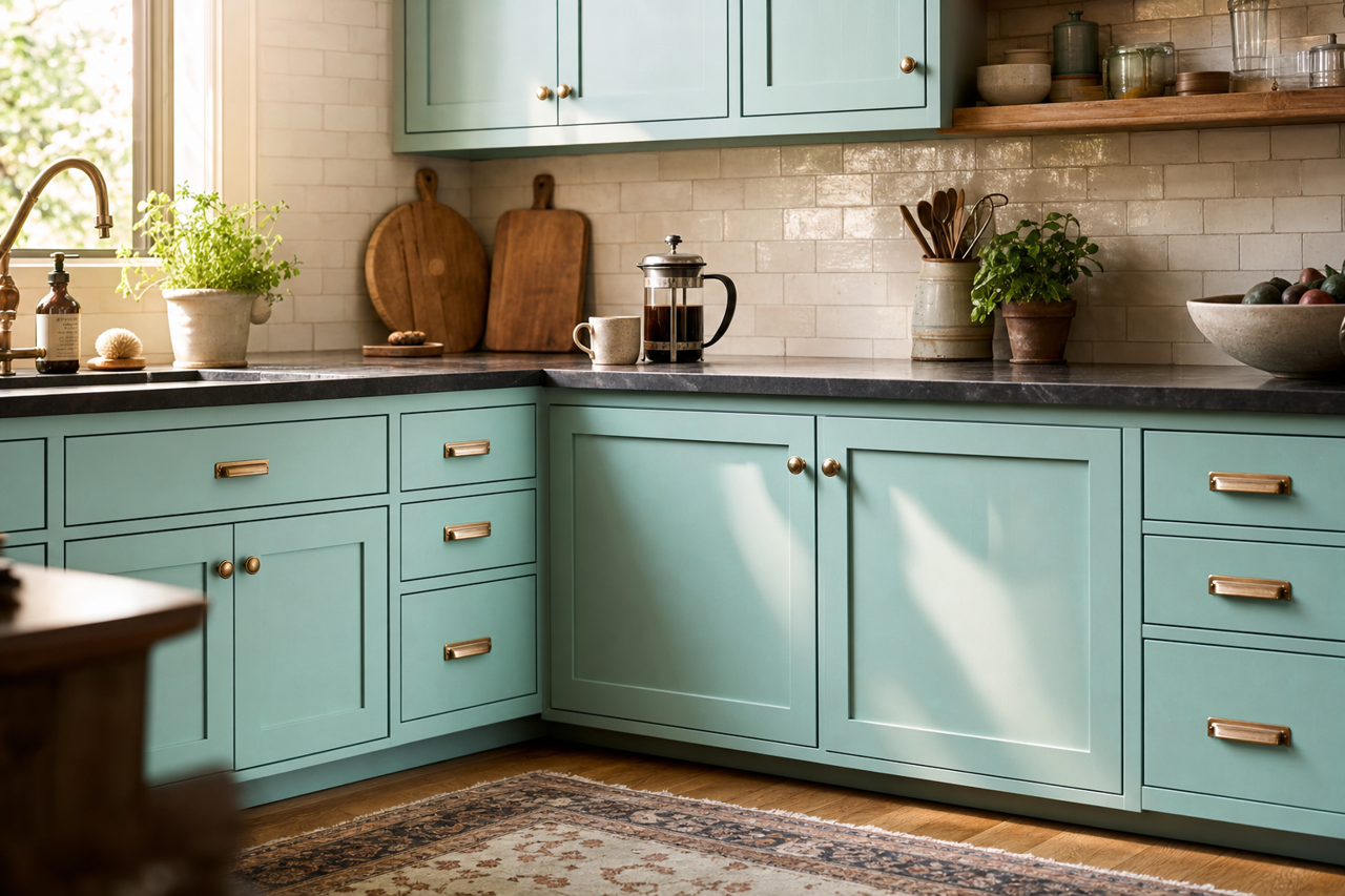 Simply Seafoam by Valspar on cabinets
