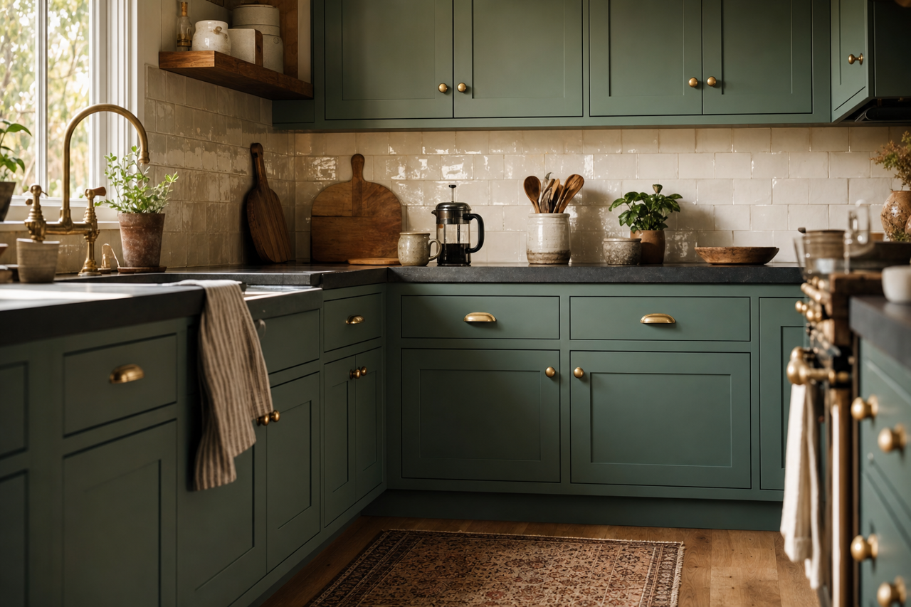 Mosaic Green by Valspar on cabinets
