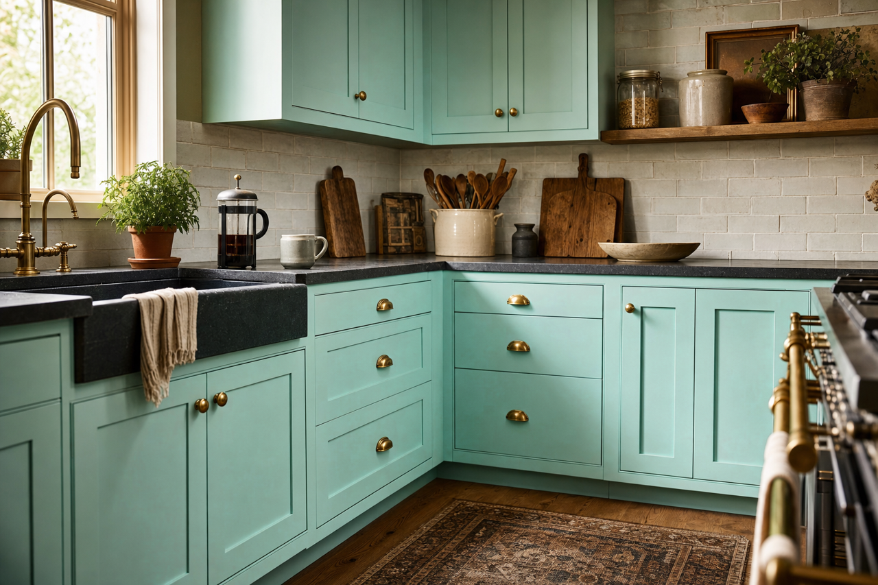 Fresh Mist by Valspar on cabinets