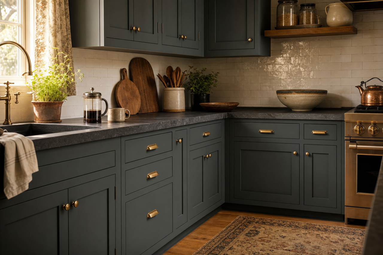 Black Evergreen by Valspar on cabinets