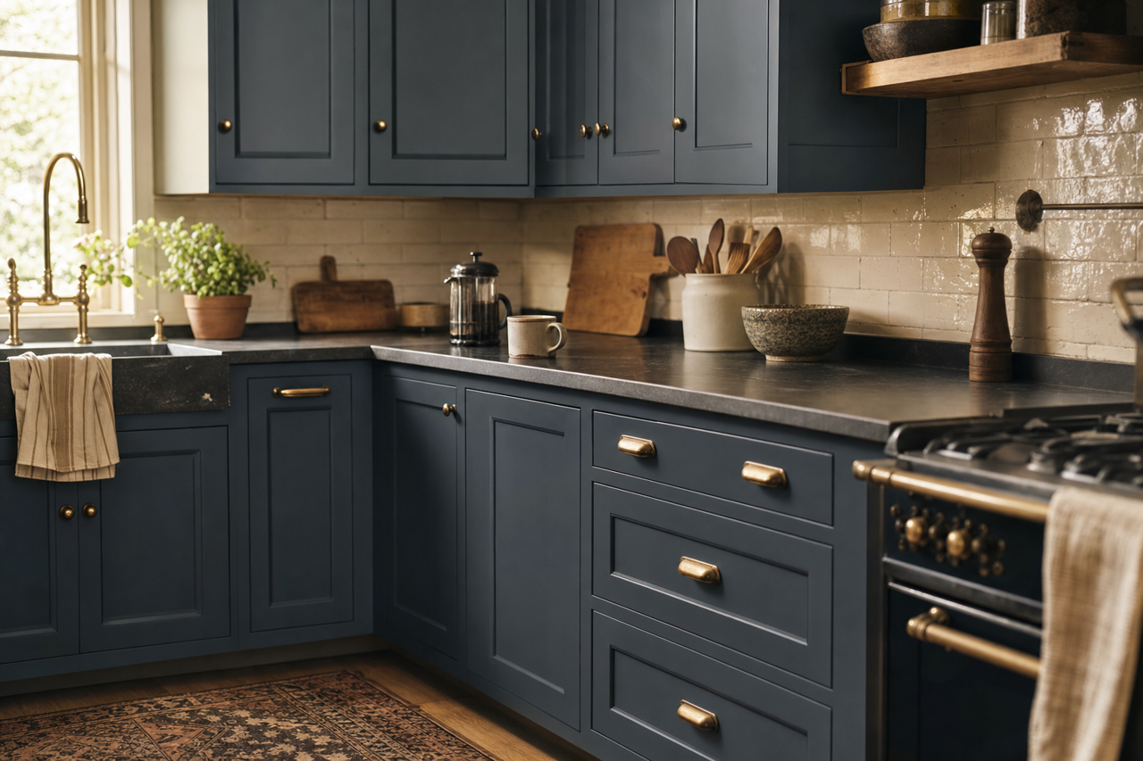 Pitch Cobalt by Valspar on cabinets