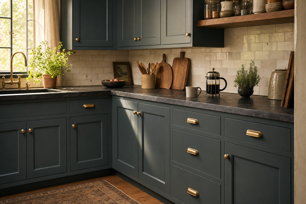 Deep River Green by Valspar on cabinets