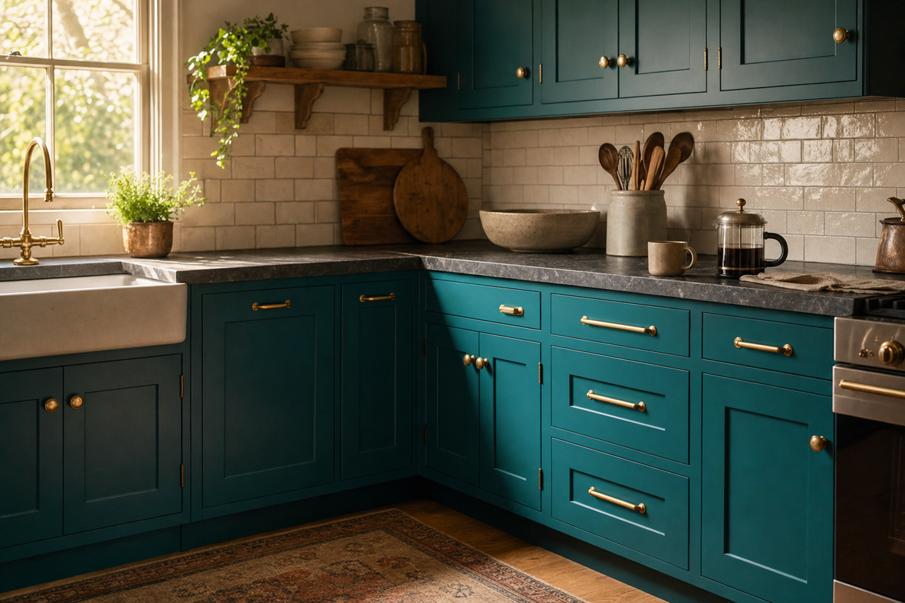 Gypsy Teal by Valspar on cabinets