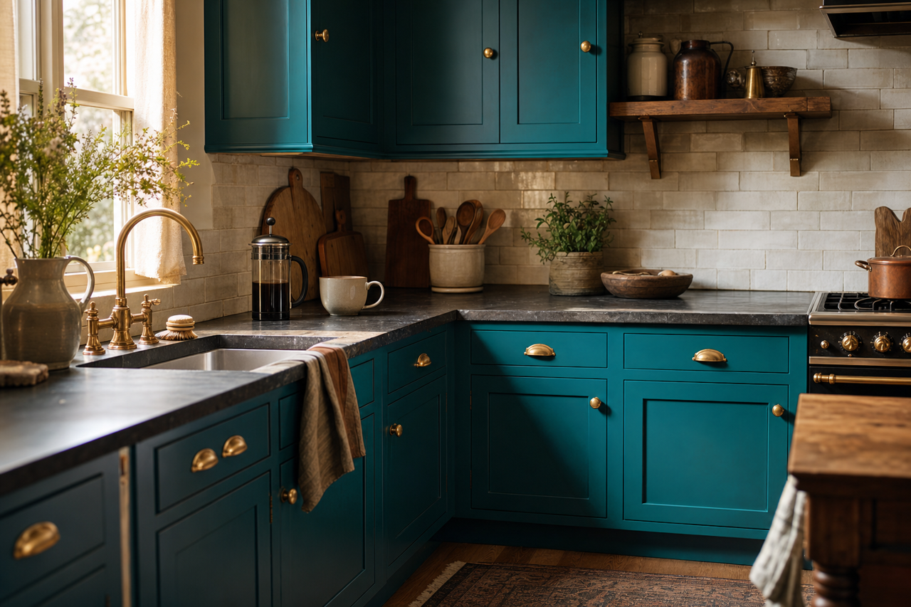 Vintage Teal by Valspar on cabinets