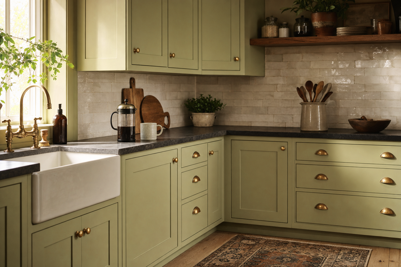 Grasslands by Benjamin Moore on cabinets