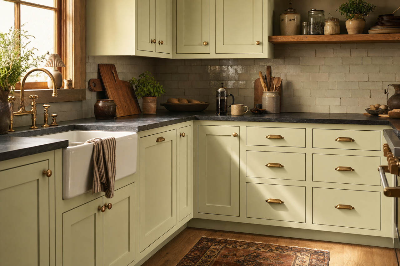 Hint of Mint by Benjamin Moore on cabinets