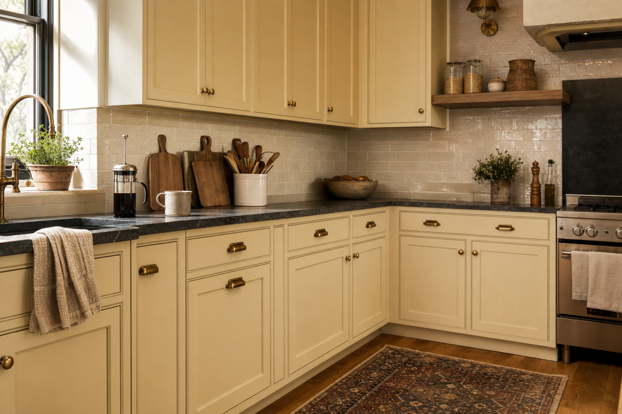 Limestone by Benjamin Moore on cabinets