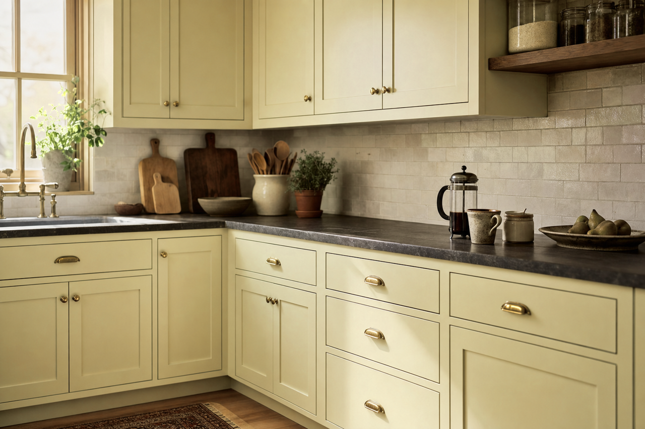 Dried Parsley by Benjamin Moore on cabinets