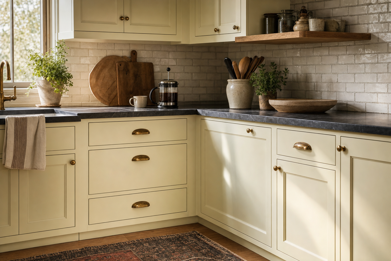 Calming Aloe by Benjamin Moore on cabinets