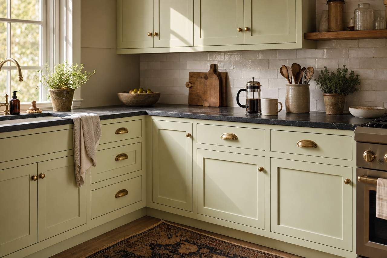 Crisp Green by Benjamin Moore on cabinets