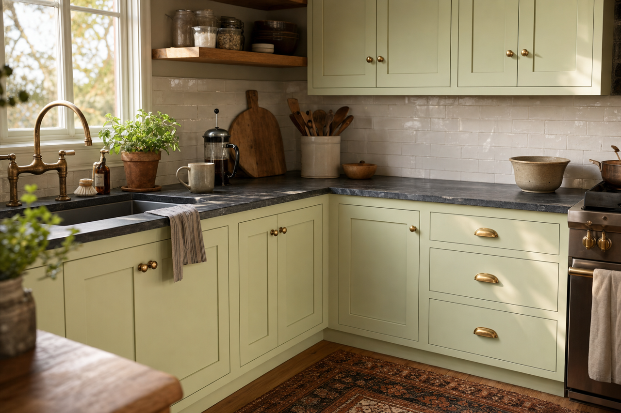 Soothing by Benjamin Moore on cabinets