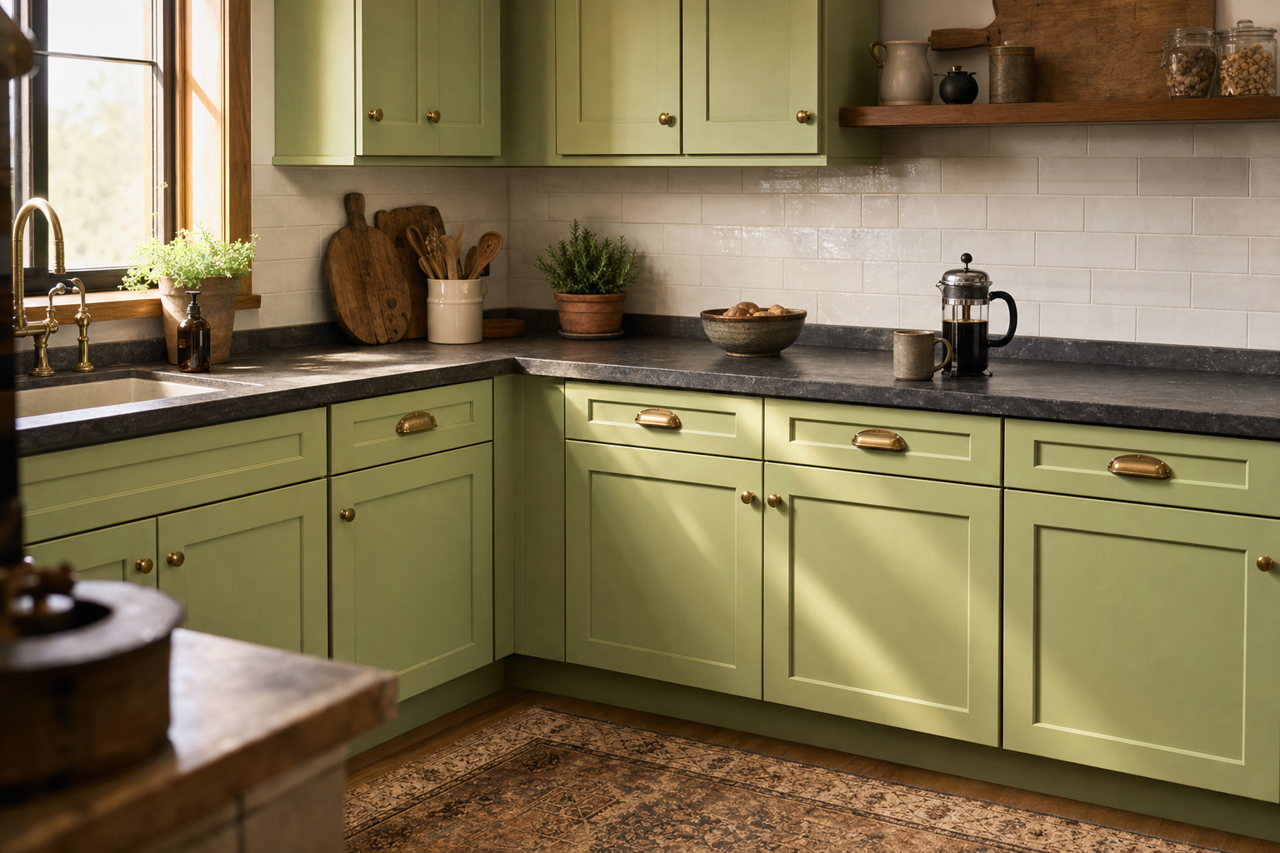Vienna Green by Benjamin Moore on cabinets
