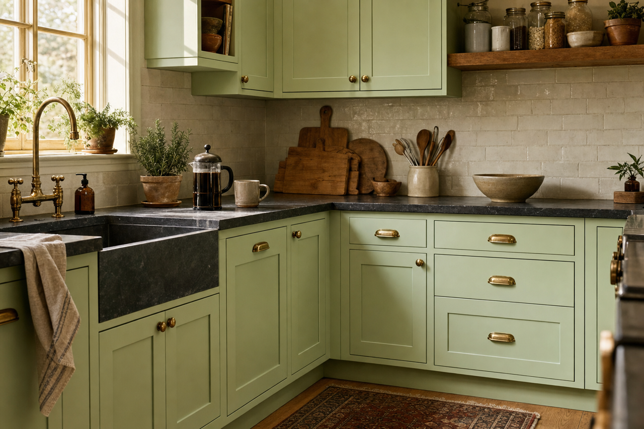 Honeydew by Benjamin Moore on cabinets
