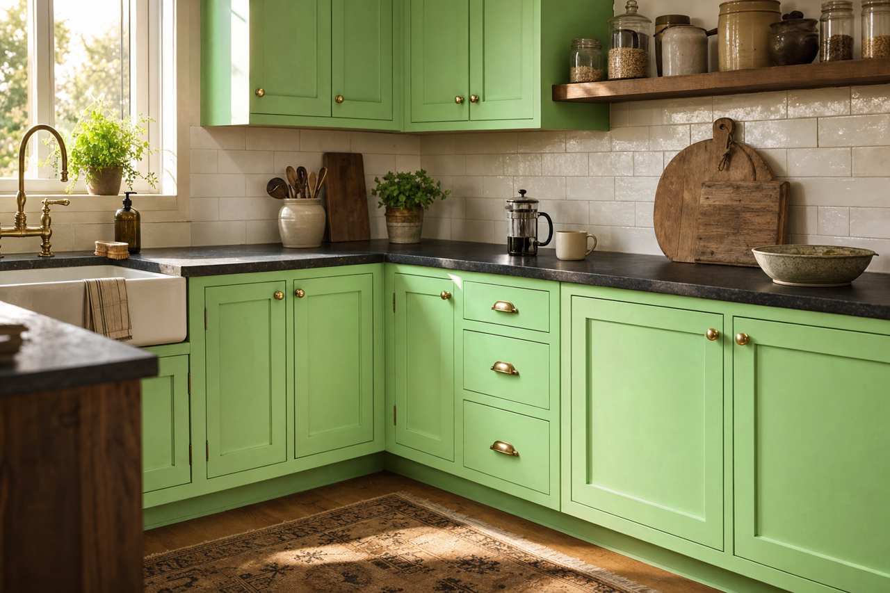 Leprechaun Green by Benjamin Moore on cabinets