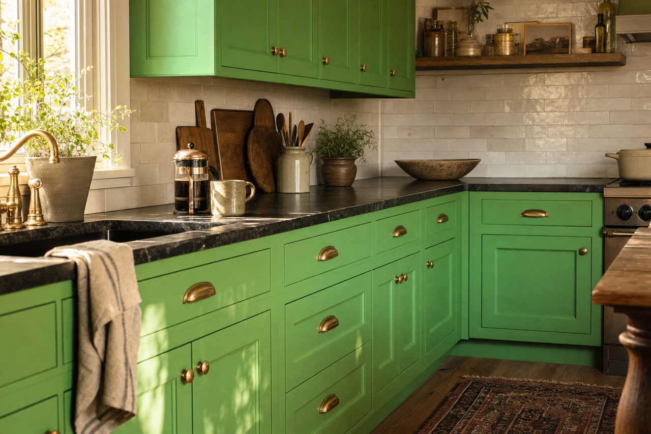 Paradise Valley by Benjamin Moore on cabinets
