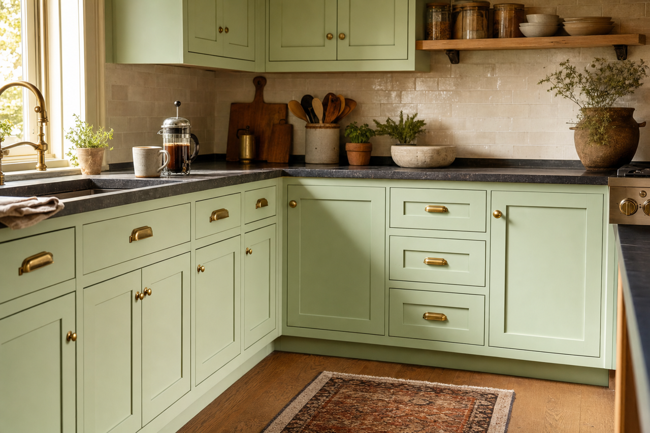 Pistachio by Benjamin Moore on cabinets