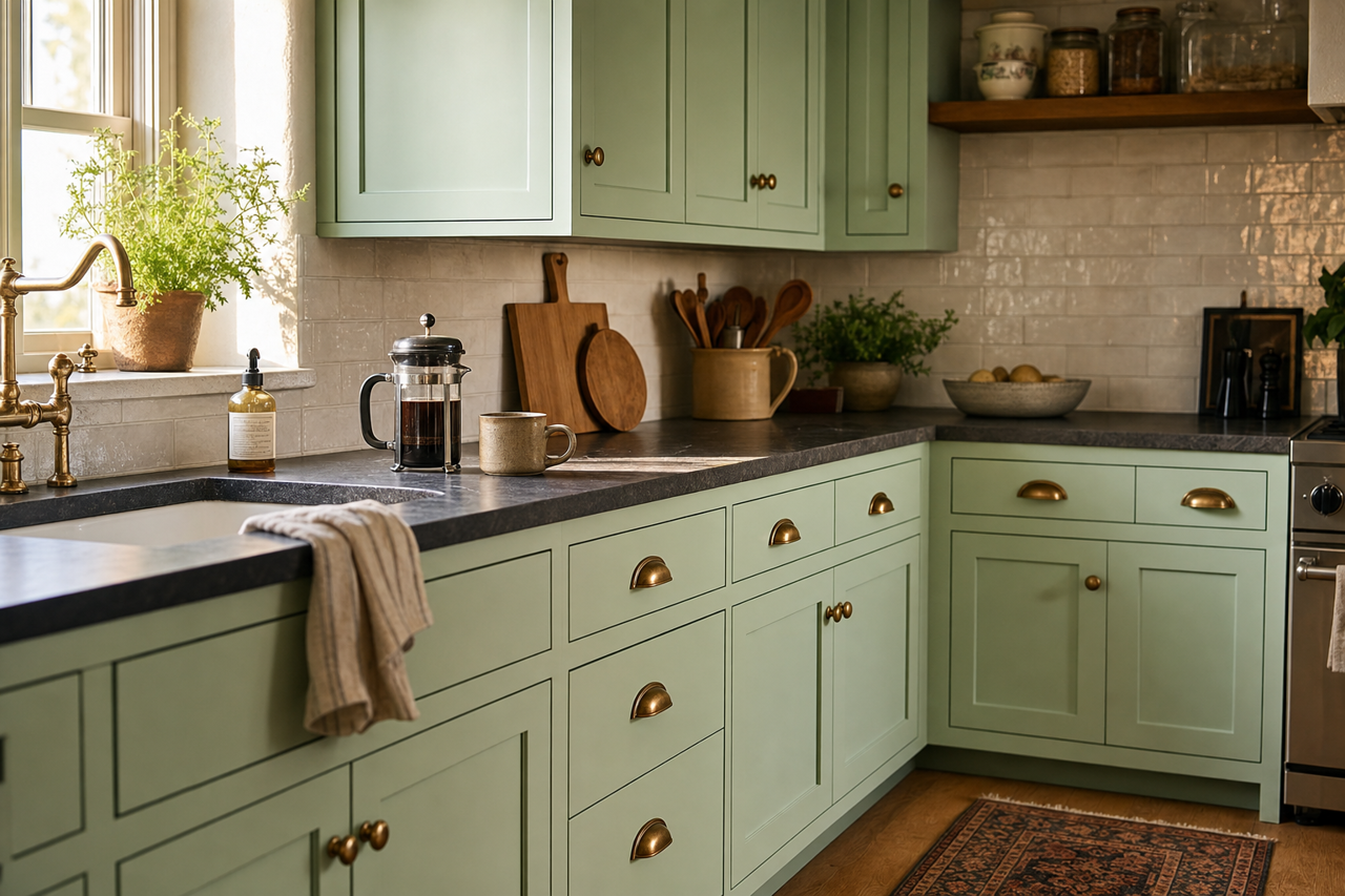 Cucumber by Benjamin Moore on cabinets
