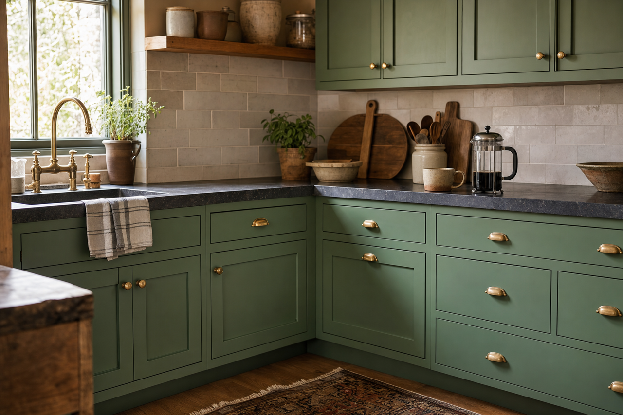 Bunker by Benjamin Moore on cabinets