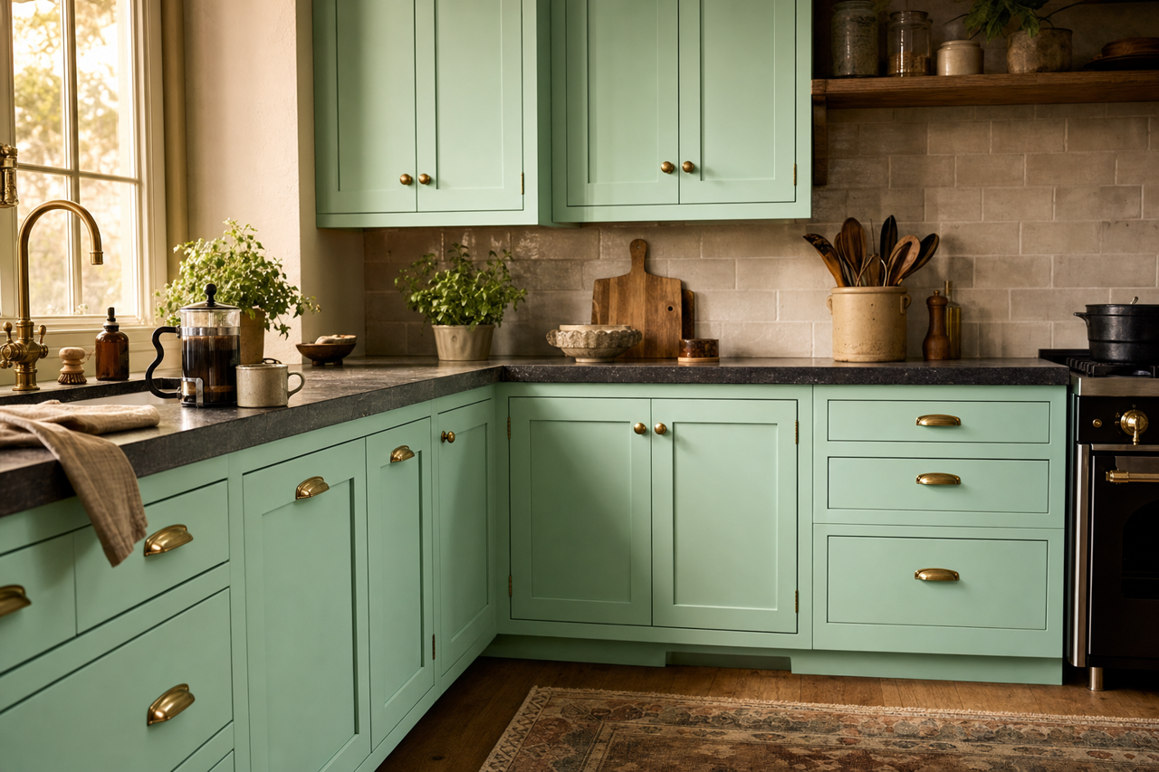 Celadon by Benjamin Moore on cabinets