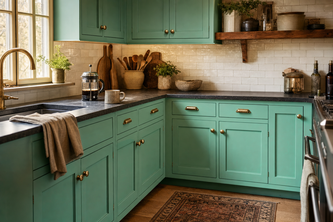 Rosamilia Green by Benjamin Moore on cabinets
