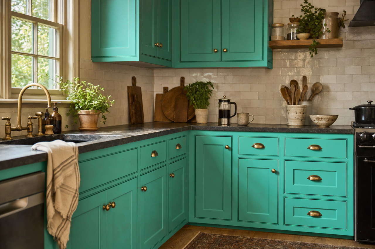 Rainforest Mist by Valspar on cabinets
