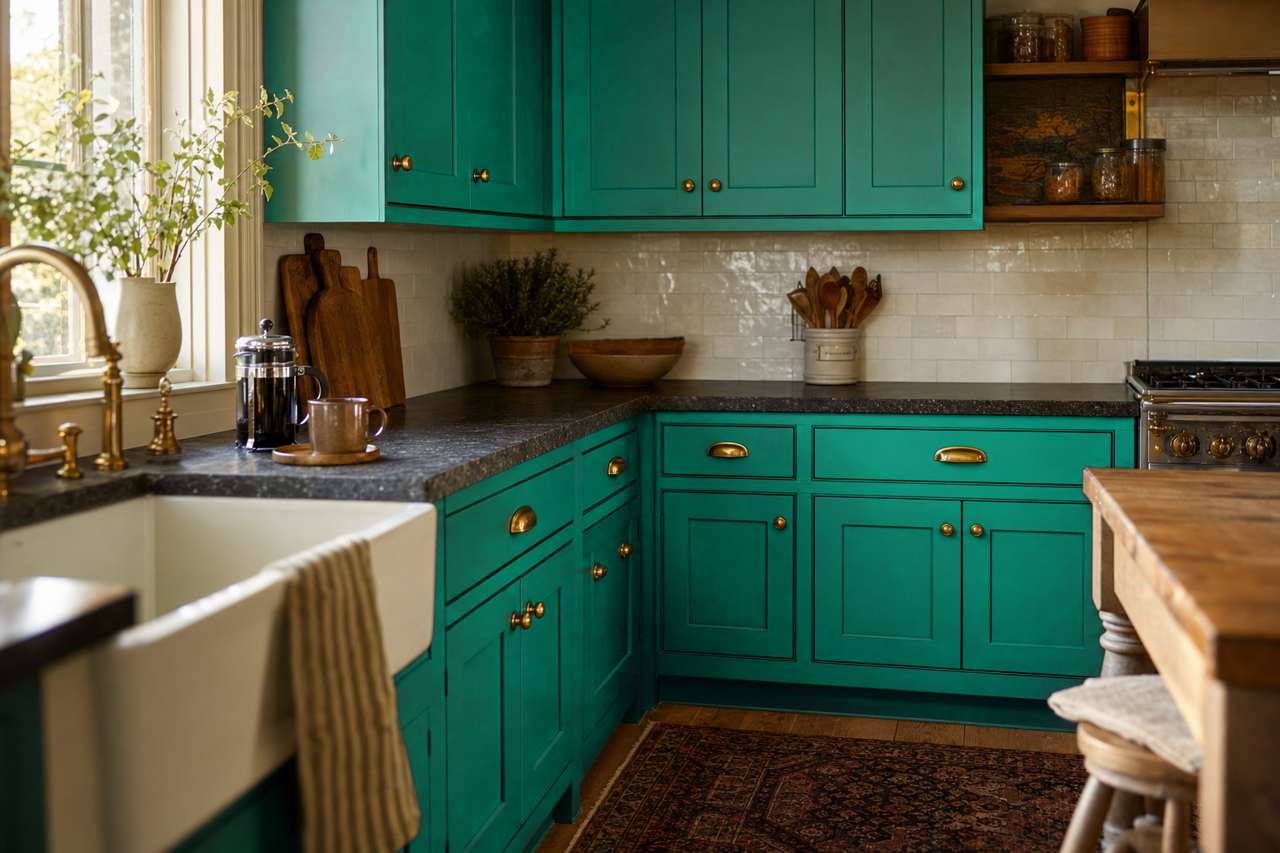Green Sea by Valspar on cabinets