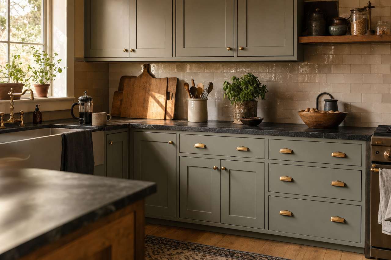 Smoky Olive by Valspar on cabinets