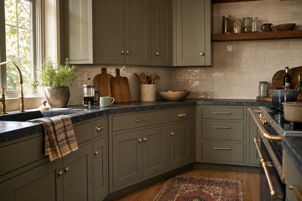 Olive Smudge by Valspar on cabinets