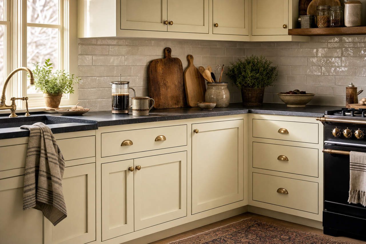 Ancient Olive by Valspar on cabinets