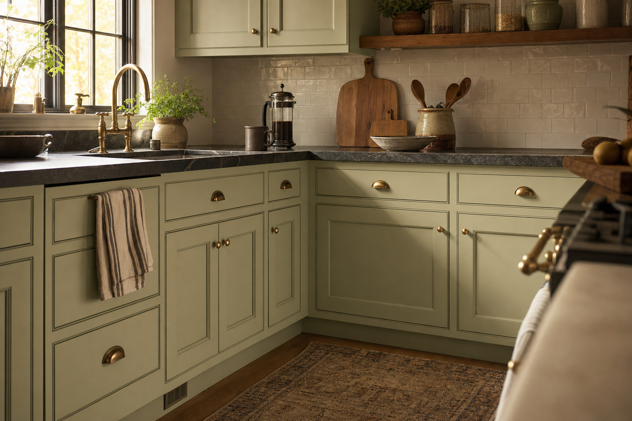 Hazy Jade by Valspar on cabinets