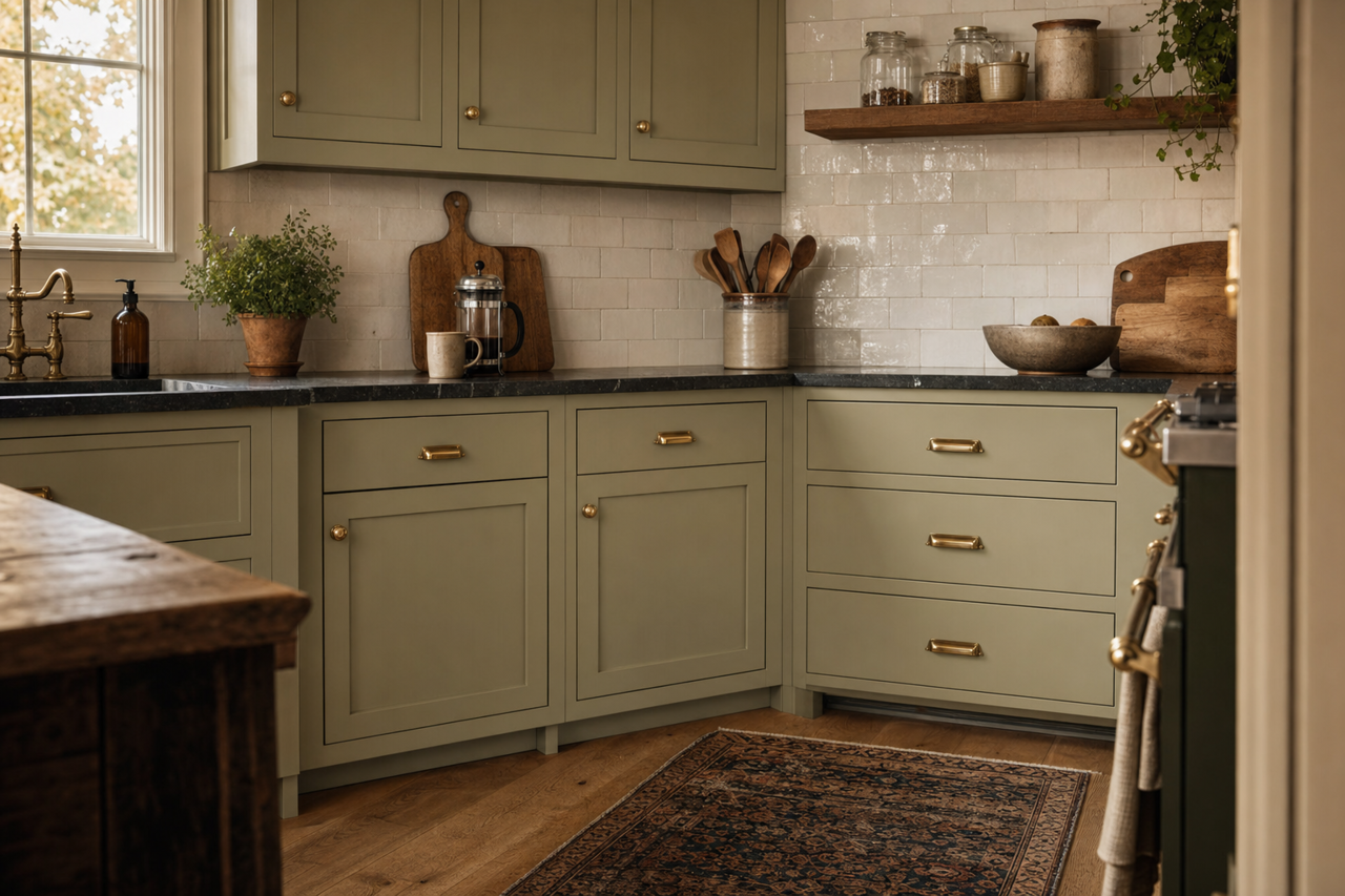 Blanched Thyme by Valspar on cabinets
