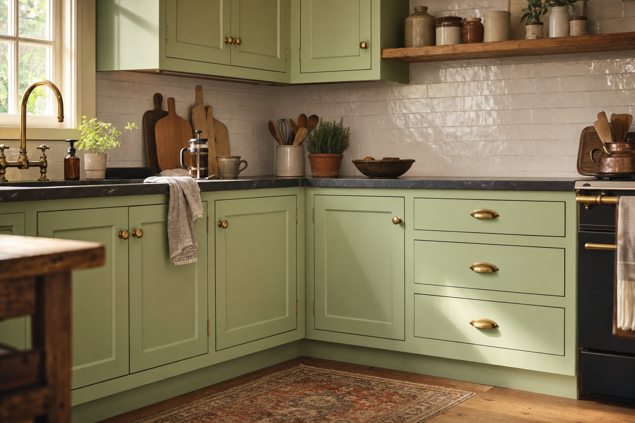 Gloaming Green by Valspar on cabinets