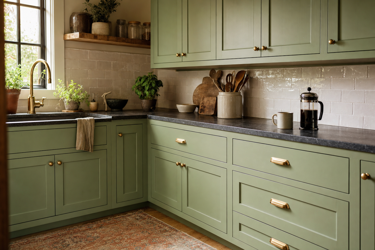Cool Green by Valspar on cabinets