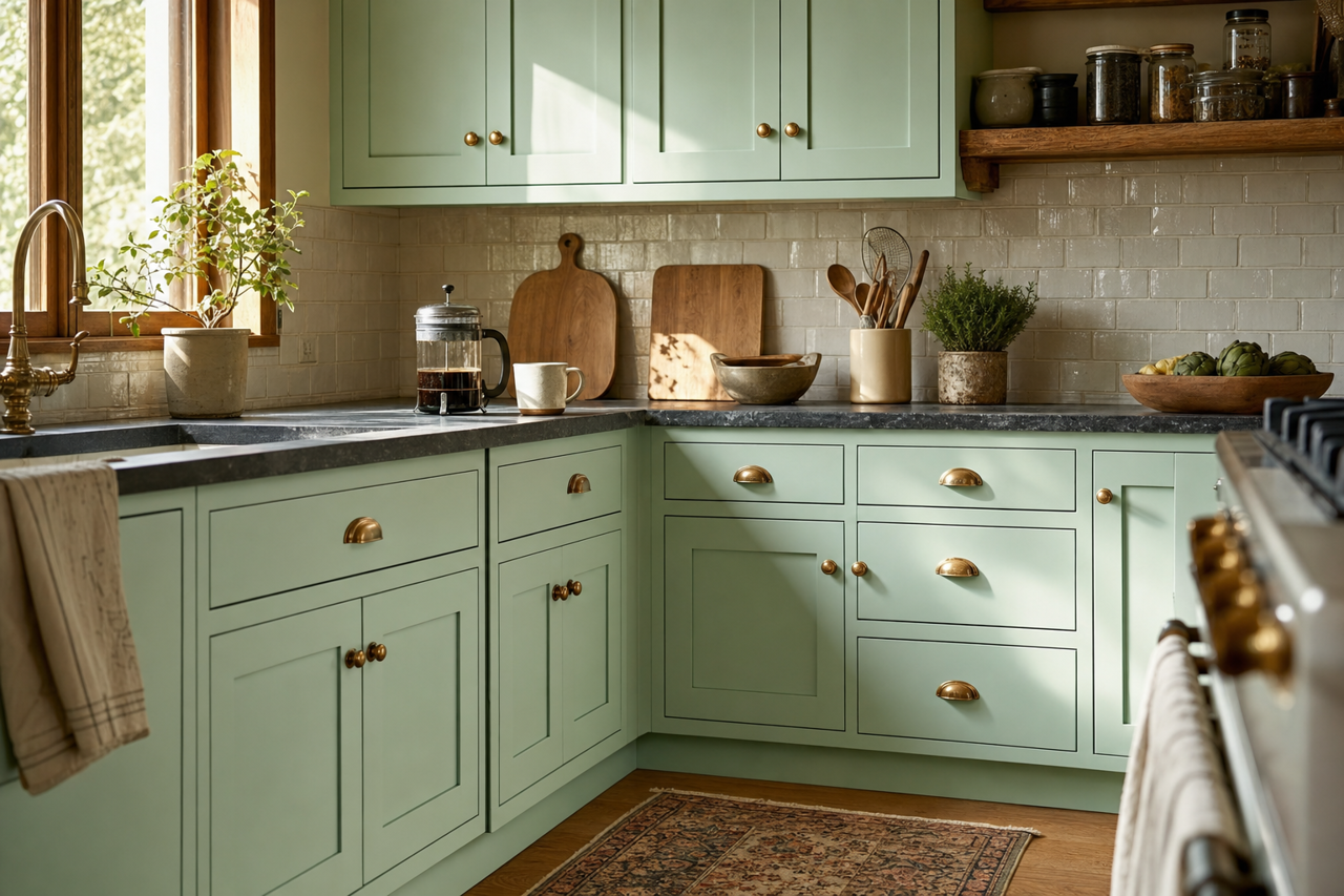 Mint Gala by Valspar on cabinets