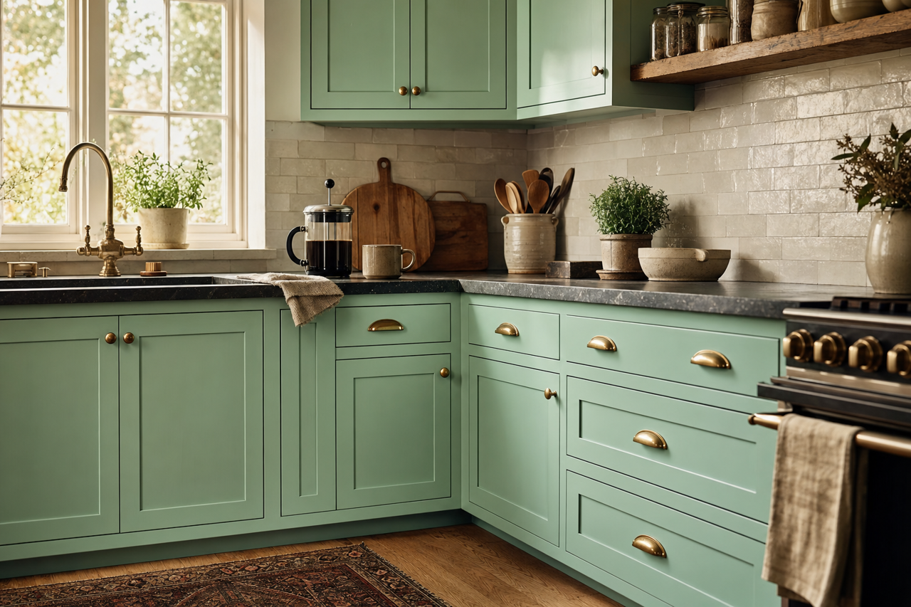 Kelp by Valspar on cabinets
