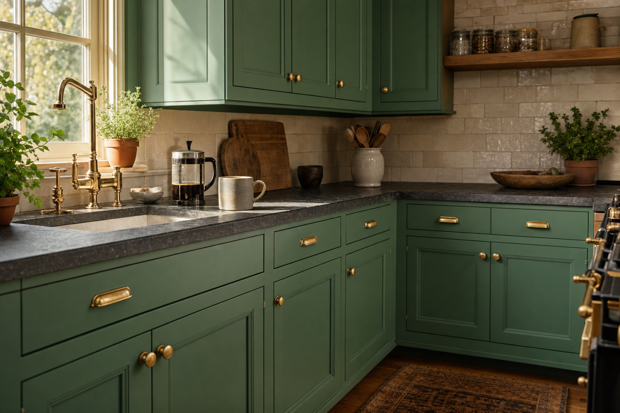 Deep Mint by Valspar on cabinets