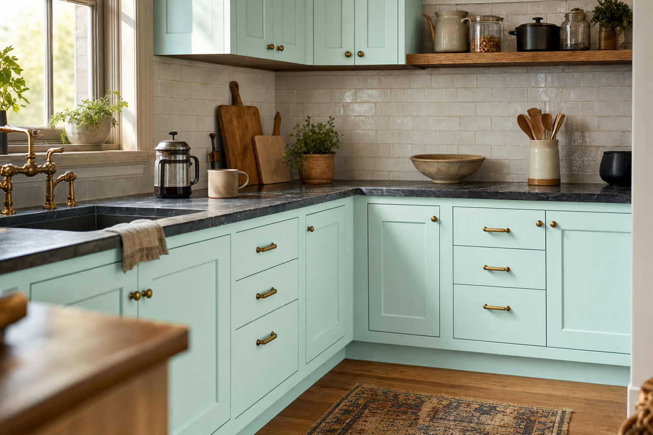Sea Lily by Valspar on cabinets
