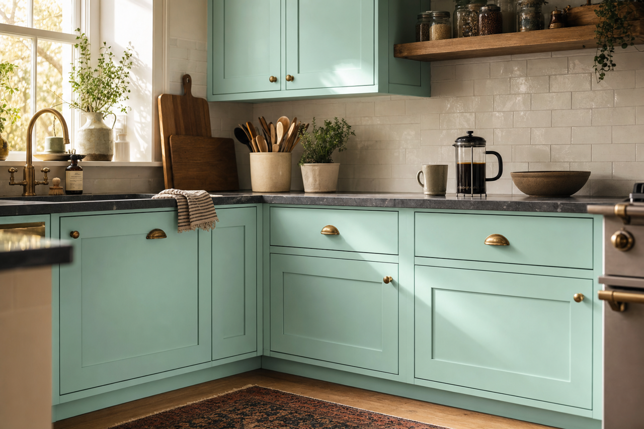 Ocean Whisper by Valspar on cabinets