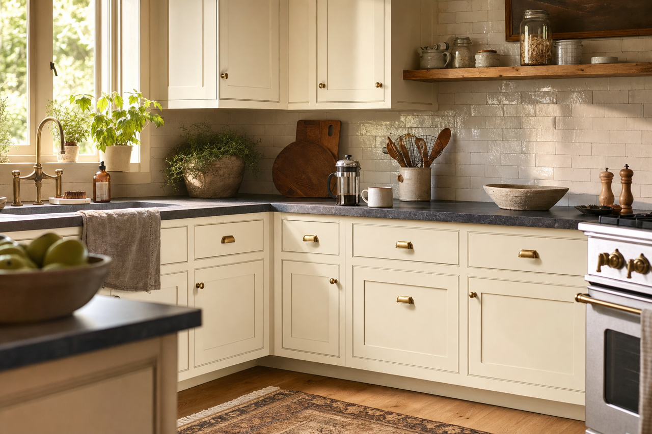 Gilded Linen by Valspar on cabinets