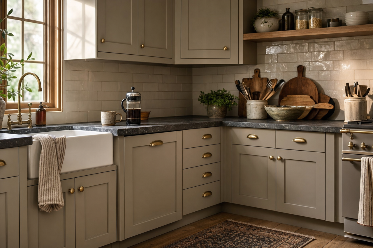 Mossy Aura by Valspar on cabinets