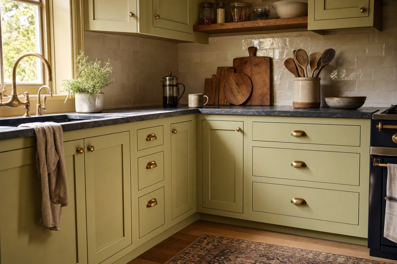 Sumptuous Sage by Valspar on cabinets