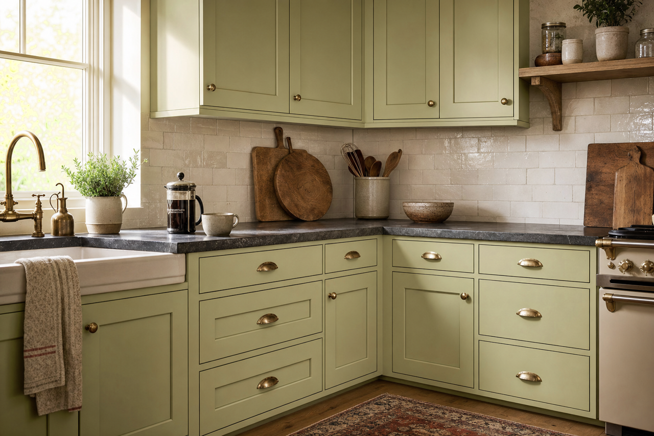 Brisk Olive by Valspar on cabinets