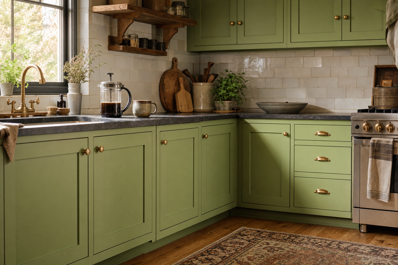 Mardi Gras Green by Valspar on cabinets