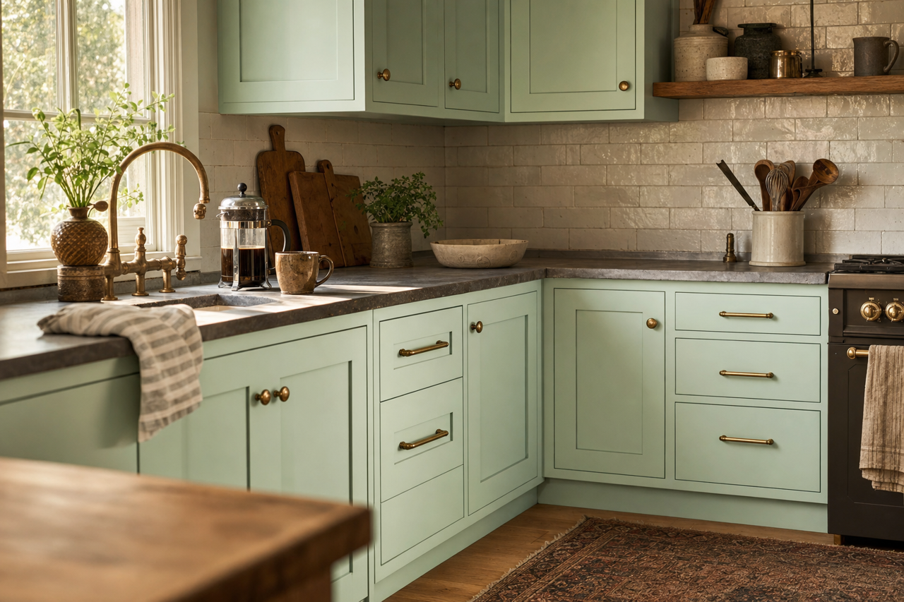 Minty Fresh by Valspar on cabinets